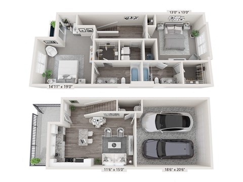 a 3d floor plan of a two story apartment with two bedrooms and a car garage at Brownstones at Palisade Park Townhomes, Colorado, 80023